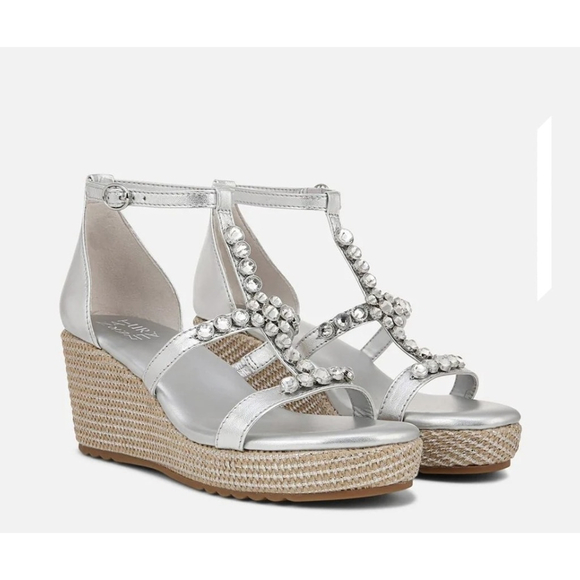 Naturalizer Leather Embellished Rhinestones Wedge Sandals 8 M Gray Grey Silver - Picture 3 of 16